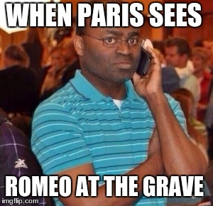 Black Guy On Phone | WHEN PARIS SEES; ROMEO AT THE GRAVE | image tagged in black guy on phone | made w/ Imgflip meme maker