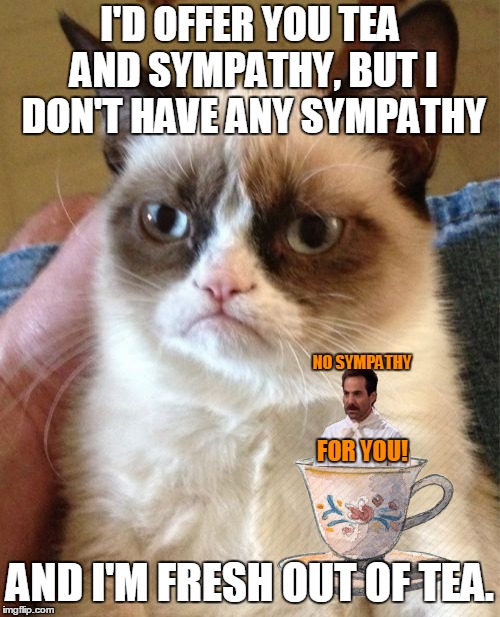 This is a meme. Deal with it.  (╥︣﹏᷅╥) | I'D OFFER YOU TEA AND SYMPATHY, BUT I DON'T HAVE ANY SYMPATHY; NO SYMPATHY; FOR YOU! AND I'M FRESH OUT OF TEA. | image tagged in memes,grumpy cat,tea,grumpy cat insults,memestrocity,but thats none of my business | made w/ Imgflip meme maker