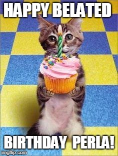 Happy Birthday Cat | HAPPY BELATED; BIRTHDAY  PERLA! | image tagged in happy birthday cat | made w/ Imgflip meme maker