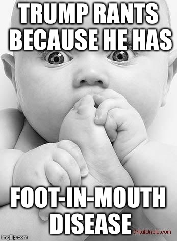 democrat foot in mouth | TRUMP RANTS BECAUSE HE HAS; FOOT-IN-MOUTH DISEASE | image tagged in democrat foot in mouth | made w/ Imgflip meme maker
