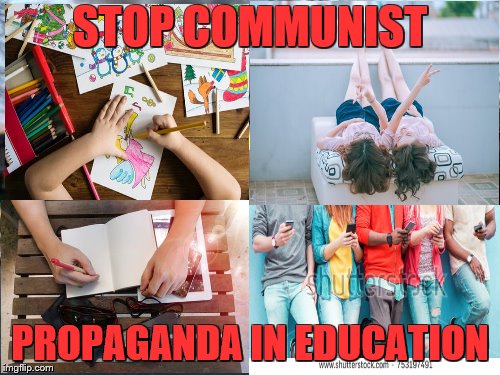 Disaster Girl Meme | STOP COMMUNIST; PROPAGANDA IN EDUCATION | image tagged in memes,disaster girl | made w/ Imgflip meme maker