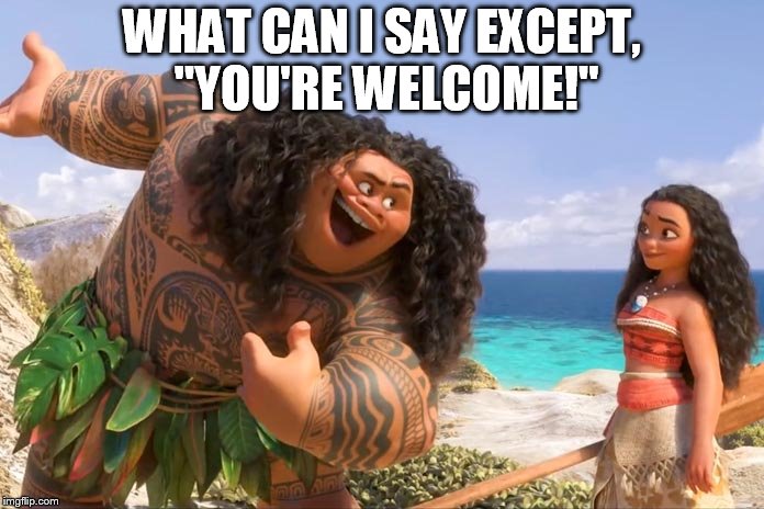When you done messed up | WHAT CAN I SAY EXCEPT, "YOU'RE WELCOME!" | image tagged in moana maui you're welcome,funny,memes,mistake,screwed,sarcasm | made w/ Imgflip meme maker