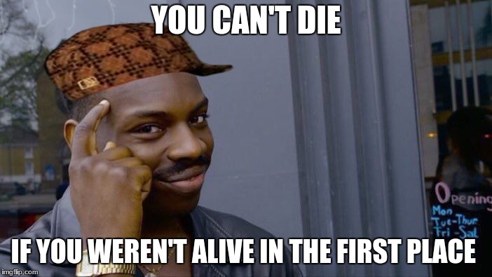 Roll Safe Think About It | YOU CAN'T DIE; IF YOU WEREN'T ALIVE IN THE FIRST PLACE | image tagged in memes,roll safe think about it,scumbag | made w/ Imgflip meme maker