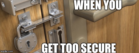 WHEN YOU; GET TOO SECURE | image tagged in secure enough | made w/ Imgflip meme maker