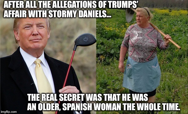 What the real secret behind Trump is... | AFTER ALL THE ALLEGATIONS OF TRUMPS’ AFFAIR WITH STORMY DANIELS... THE REAL SECRET WAS THAT HE WAS AN OLDER, SPANISH WOMAN THE WHOLE TIME. | image tagged in donald trump,stormy daniels,politics,memes,affairs | made w/ Imgflip meme maker