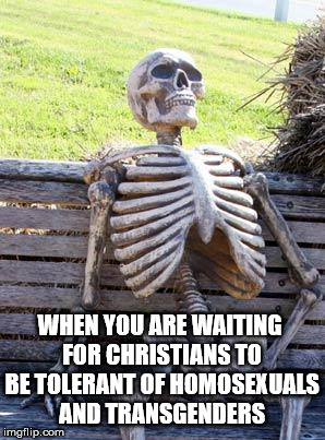 Waiting Skeleton | WHEN YOU ARE WAITING FOR CHRISTIANS TO BE TOLERANT OF HOMOSEXUALS AND TRANSGENDERS | image tagged in memes,waiting skeleton,homosexuality,christianity,transgender | made w/ Imgflip meme maker
