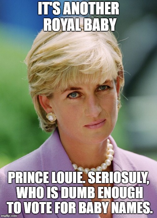 Unimpressed Diana | IT'S ANOTHER ROYAL BABY; PRINCE LOUIE. SERIOSULY, WHO IS DUMB ENOUGH TO VOTE FOR BABY NAMES. | image tagged in unimpressed diana | made w/ Imgflip meme maker