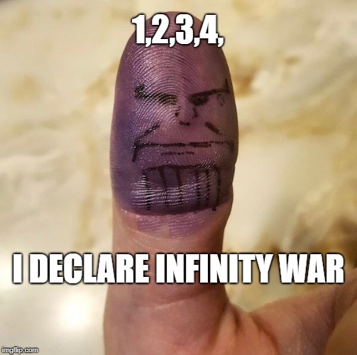 Thanos is all thumbs | 1,2,3,4, I DECLARE INFINITY WAR | image tagged in thanos,infinitywar,avengers,thumbwar | made w/ Imgflip meme maker