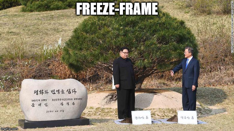 Freeze-frame | FREEZE-FRAME | image tagged in freeze-frame,kim jong-un,north korea,moon jae-in,south korea,statue | made w/ Imgflip meme maker