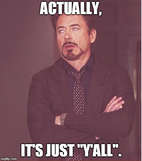 Face You Make Robert Downey Jr Meme | ACTUALLY, IT'S JUST "Y'ALL". | image tagged in memes,face you make robert downey jr | made w/ Imgflip meme maker