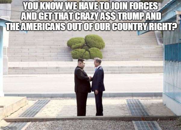 Join Forces to get the Americans out | YOU KNOW WE HAVE TO JOIN FORCES AND GET THAT CRAZY A$$ TRUMP AND THE AMERICANS OUT OF OUR COUNTRY RIGHT? | image tagged in korea,trump,americans | made w/ Imgflip meme maker