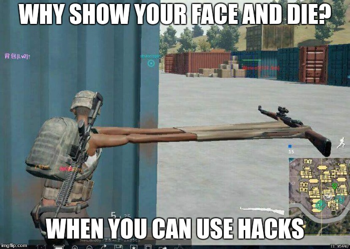 PUBG | WHY SHOW YOUR FACE AND DIE? WHEN YOU CAN USE HACKS | image tagged in pubg | made w/ Imgflip meme maker