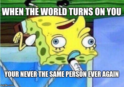 Mocking Spongebob | WHEN THE WORLD TURNS ON YOU; YOUR NEVER THE SAME PERSON EVER AGAIN | image tagged in memes,mocking spongebob | made w/ Imgflip meme maker