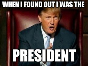 Donald Trump | WHEN I FOUND OUT I WAS THE; PRESIDENT | image tagged in donald trump | made w/ Imgflip meme maker
