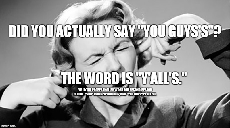 DID YOU ACTUALLY SAY "YOU GUYS'S"? THE WORD IS "Y'ALL'S."; *Y'ALL: THE PROPER ENGLISH WORD FOR SECOND-PERSON PLURAL.  "YOU" LACKS SPECIFICITY, AND "YOU GUYS" IS SEXIST. | made w/ Imgflip meme maker