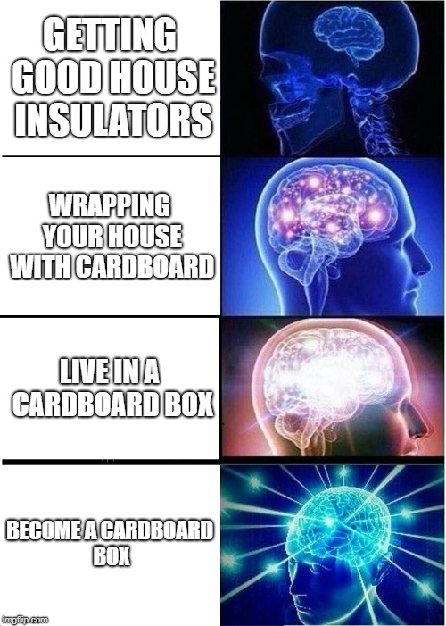 Expanding Brain Meme | GETTING GOOD HOUSE INSULATORS; WRAPPING YOUR HOUSE WITH CARDBOARD; LIVE IN A CARDBOARD BOX; BECOME A CARDBOARD BOX | image tagged in memes,expanding brain | made w/ Imgflip meme maker