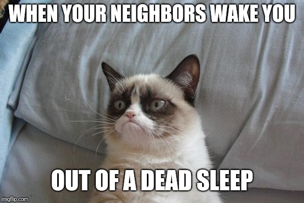 Grumpy Cat Bed Meme | WHEN YOUR NEIGHBORS WAKE YOU; OUT OF A DEAD SLEEP | image tagged in memes,grumpy cat bed,grumpy cat | made w/ Imgflip meme maker