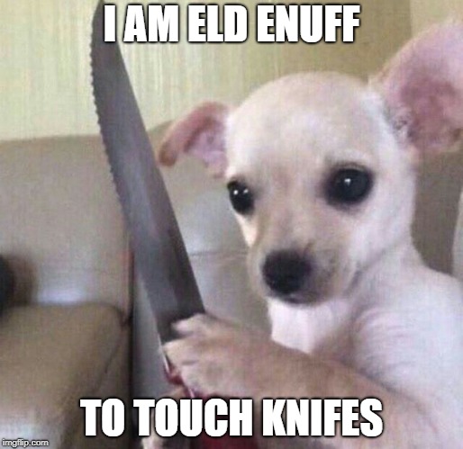 I AM ELD ENUFF; TO TOUCH KNIFES | image tagged in knives,pupper,killer | made w/ Imgflip meme maker