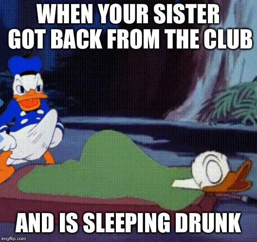 I'll get reported for this... | WHEN YOUR SISTER GOT BACK FROM THE CLUB; AND IS SLEEPING DRUNK | image tagged in donald duck | made w/ Imgflip meme maker