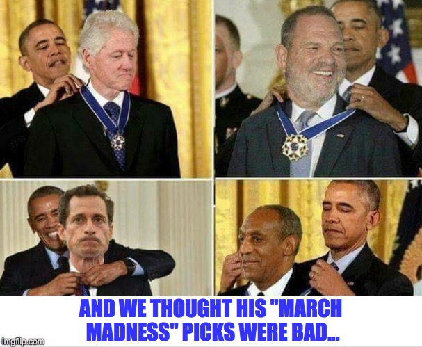 AND WE THOUGHT HIS "MARCH MADNESS" PICKS WERE BAD... | image tagged in obama,medal | made w/ Imgflip meme maker