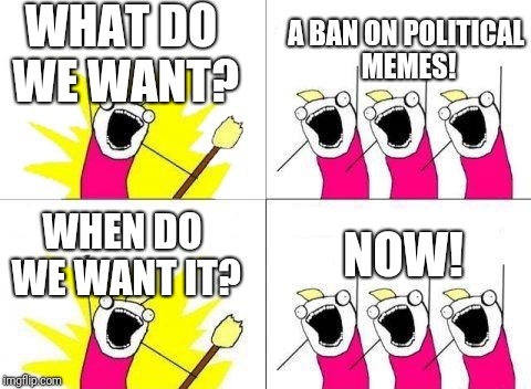 What Do We Want | WHAT DO WE WANT? A BAN ON POLITICAL MEMES! WHEN DO WE WANT IT? NOW! | image tagged in memes,what do we want | made w/ Imgflip meme maker