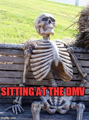 Waiting Skeleton Meme | SITTING AT THE DMV | image tagged in memes,waiting skeleton | made w/ Imgflip meme maker