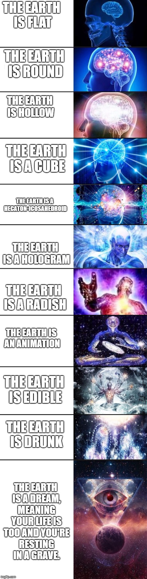 Extended Expanding Brain | THE EARTH IS FLAT; THE EARTH IS ROUND; THE EARTH IS HOLLOW; THE EARTH IS A CUBE; THE EARTH IS A HECATON-ICOSAHEDROID; THE EARTH IS A HOLOGRAM; THE EARTH IS A RADISH; THE EARTH IS AN ANIMATION; THE EARTH IS EDIBLE; THE EARTH IS DRUNK; THE EARTH IS A DREAM, MEANING YOUR LIFE IS TOO AND YOU'RE RESTING IN A GRAVE. | image tagged in extended expanding brain | made w/ Imgflip meme maker