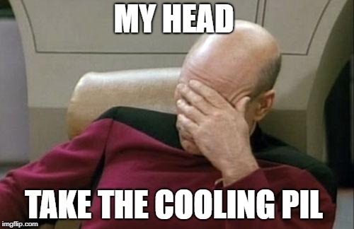 Captain Picard Facepalm Meme | MY HEAD; TAKE THE COOLING PIL | image tagged in memes,captain picard facepalm | made w/ Imgflip meme maker