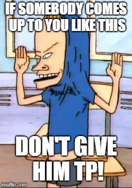 Avoid Cornholio | IF SOMEBODY COMES UP TO YOU LIKE THIS; DON'T GIVE HIM TP! | image tagged in beavis and butthead | made w/ Imgflip meme maker