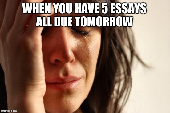 First World Problems | WHEN YOU HAVE 5 ESSAYS ALL DUE TOMORROW | image tagged in memes,first world problems | made w/ Imgflip meme maker