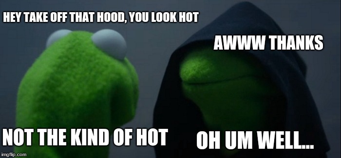Evil Kermit | HEY TAKE OFF THAT HOOD, YOU LOOK HOT; AWWW THANKS; NOT THE KIND OF HOT; OH UM WELL... | image tagged in memes,evil kermit | made w/ Imgflip meme maker