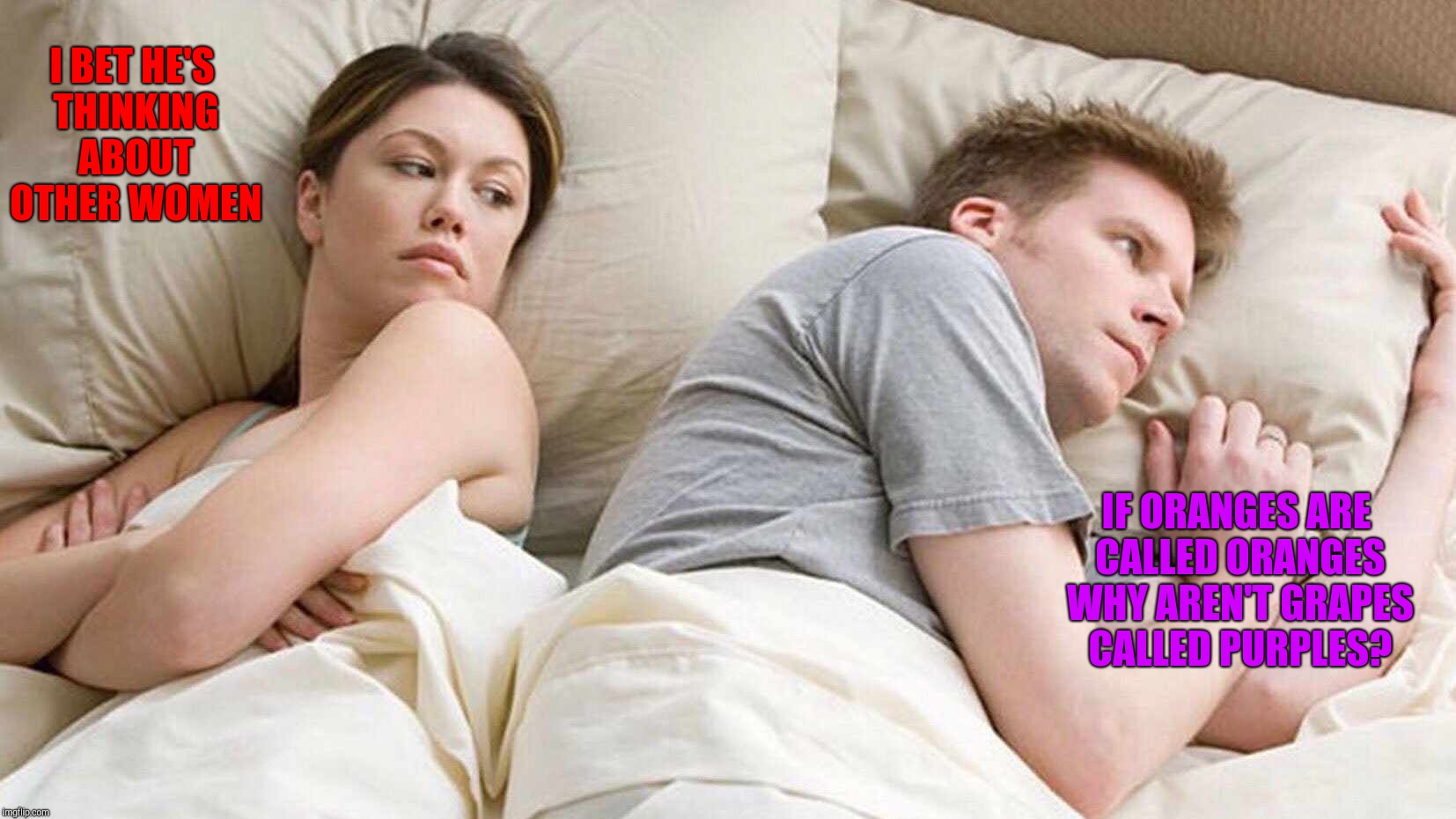 I Bet He's Thinking About Other Women Meme | I BET HE'S THINKING ABOUT OTHER WOMEN; IF ORANGES ARE CALLED ORANGES WHY AREN'T GRAPES CALLED PURPLES? | image tagged in i bet he's thinking about other women | made w/ Imgflip meme maker
