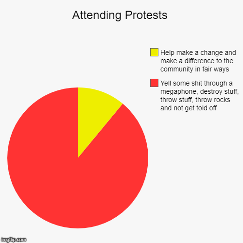 Attending Protests | Yell some shit through a megaphone, destroy stuff, throw stuff, throw rocks and not get told off, Help make a change an | image tagged in funny,pie charts | made w/ Imgflip chart maker