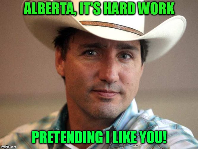 Justin Trudeau Hat | ALBERTA, IT'S HARD WORK; PRETENDING I LIKE YOU! | image tagged in justin trudeau hat | made w/ Imgflip meme maker
