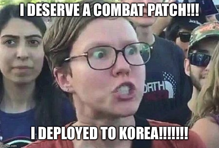 Triggered Liberal | I DESERVE A COMBAT PATCH!!! I DEPLOYED TO KOREA!!!!!!! | image tagged in triggered liberal | made w/ Imgflip meme maker