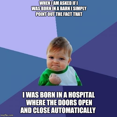 Success Kid Meme | WHEN I AM ASKED IF I WAS BORN IN A BARN I SIMPLY POINT OUT THE FACT THAT; I WAS BORN IN A HOSPITAL WHERE THE DOORS OPEN AND CLOSE AUTOMATICALLY | image tagged in memes,success kid | made w/ Imgflip meme maker