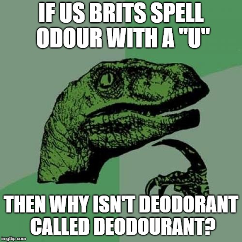 Philosoraptor | IF US BRITS SPELL ODOUR WITH A "U"; THEN WHY ISN'T DEODORANT CALLED DEODOURANT? | image tagged in memes,philosoraptor | made w/ Imgflip meme maker