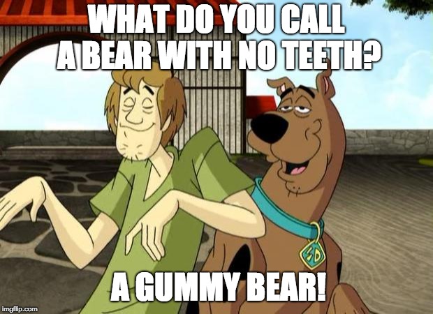 Stoned Scooby Doo and Shaggy | WHAT DO YOU CALL A BEAR WITH NO TEETH? A GUMMY BEAR! | image tagged in stoned scooby doo and shaggy | made w/ Imgflip meme maker