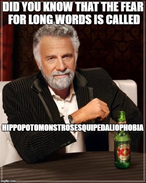 The Most Interesting Man In The World Meme | HIPPOPOTOMONSTROSESQUIPEDALIOPHOBIA; DID YOU KNOW THAT THE FEAR FOR LONG WORDS IS CALLED | image tagged in memes,the most interesting man in the world | made w/ Imgflip meme maker