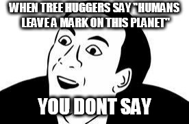 whatya want us to do, move? | WHEN TREE HUGGERS SAY "HUMANS LEAVE A MARK ON THIS PLANET"; YOU DONT SAY | image tagged in nick cage rage | made w/ Imgflip meme maker