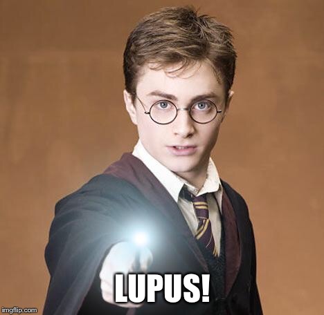 Harry, you bloody idiot, it’s not lupus, it’s *LUMOS*! | LUPUS! | image tagged in harry potter casting a spell | made w/ Imgflip meme maker