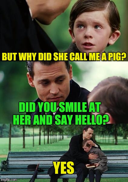 Finding Neverland Meme | BUT WHY DID SHE CALL ME A PIG? DID YOU SMILE AT HER AND SAY HELLO? YES | image tagged in memes,finding neverland | made w/ Imgflip meme maker
