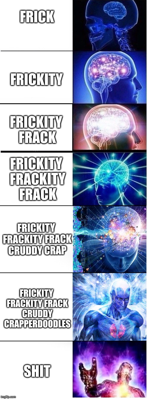 Expanding brain extended 2 | FRICK; FRICKITY; FRICKITY FRACK; FRICKITY FRACKITY FRACK; FRICKITY FRACKITY FRACK CRUDDY CRAP; FRICKITY FRACKITY FRACK CRUDDY CRAPPERDOODLES; SHIT | image tagged in expanding brain extended 2 | made w/ Imgflip meme maker