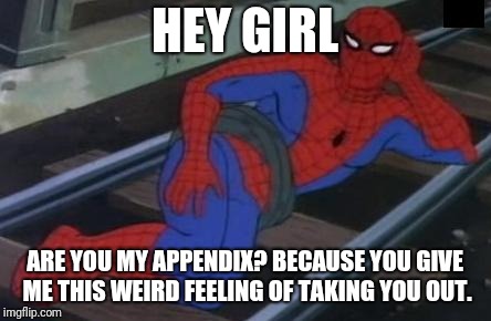 Sexy Railroad Spiderman | HEY GIRL; ARE YOU MY APPENDIX? BECAUSE YOU GIVE ME THIS WEIRD FEELING OF TAKING YOU OUT. | image tagged in memes,sexy railroad spiderman,spiderman | made w/ Imgflip meme maker