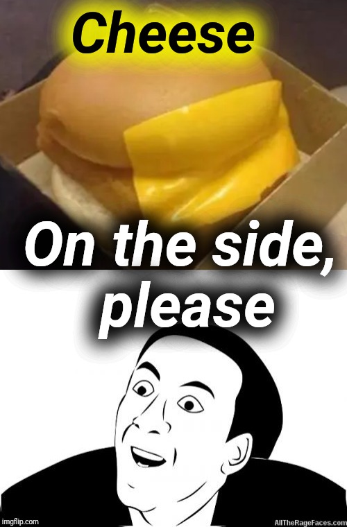 Say cheese! | Cheese; On the side, please | image tagged in cheeseburger,cheese,funny memes,you dont say,justjeff | made w/ Imgflip meme maker