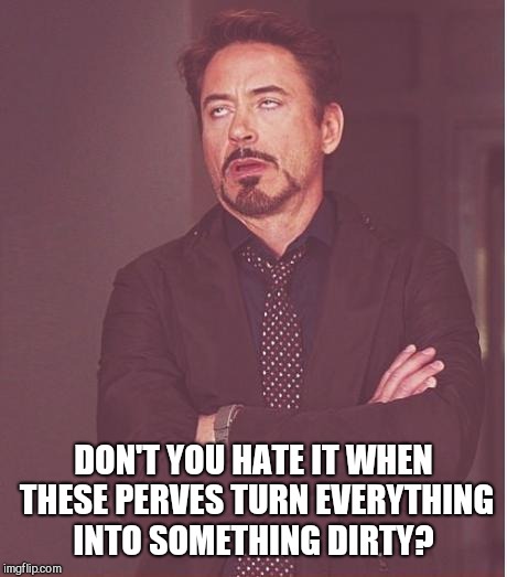 Face You Make Robert Downey Jr Meme | DON'T YOU HATE IT WHEN THESE PERVES TURN EVERYTHING INTO SOMETHING DIRTY? | image tagged in memes,face you make robert downey jr,meme wars | made w/ Imgflip meme maker