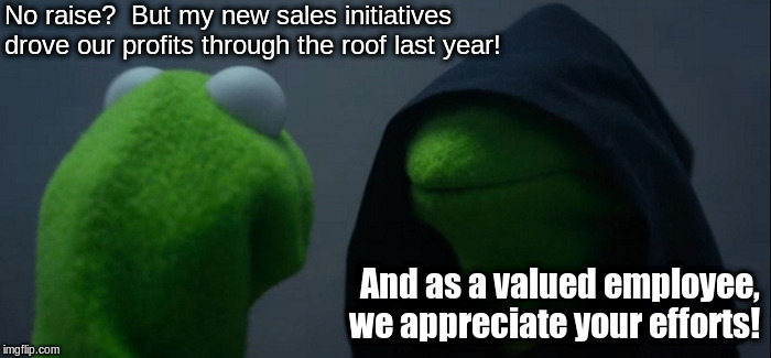Who hasn't heard this line of bull before? | No raise?  But my new sales initiatives drove our profits through the roof last year! And as a valued employee, we appreciate your efforts! | image tagged in memes,evil kermit | made w/ Imgflip meme maker