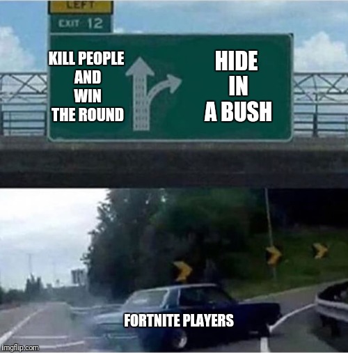 Car turning  | HIDE IN A BUSH; KILL PEOPLE AND WIN THE ROUND; FORTNITE PLAYERS | image tagged in car turning | made w/ Imgflip meme maker