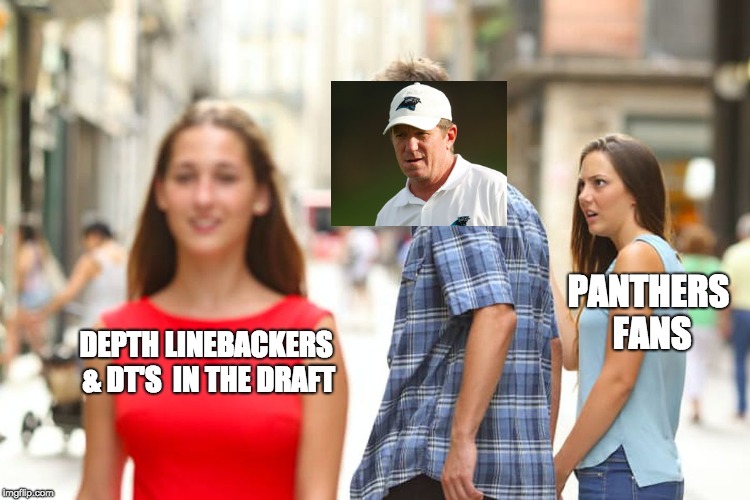 Marty Hurney | PANTHERS FANS; DEPTH LINEBACKERS & DT'S 
IN THE DRAFT | image tagged in memes,distracted boyfriend | made w/ Imgflip meme maker