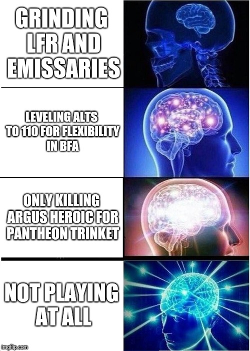 Expanding Brain Meme | GRINDING LFR AND EMISSARIES; LEVELING ALTS TO 110 FOR FLEXIBILITY IN BFA; ONLY KILLING ARGUS HEROIC FOR PANTHEON TRINKET; NOT PLAYING AT ALL | image tagged in memes,expanding brain | made w/ Imgflip meme maker